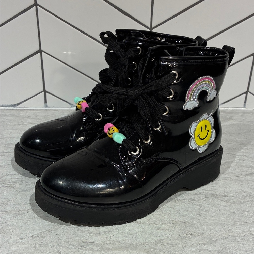 George (1) Girls Stomping Shiny Black boots with Smiley Face and Rainbows